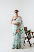 Handpainted and Hand embroidered Sea Green Silk Organza Marine Saree