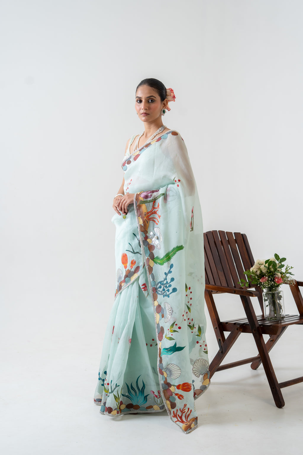 Handpainted and Hand embroidered Sea Green Silk Organza Marine Saree