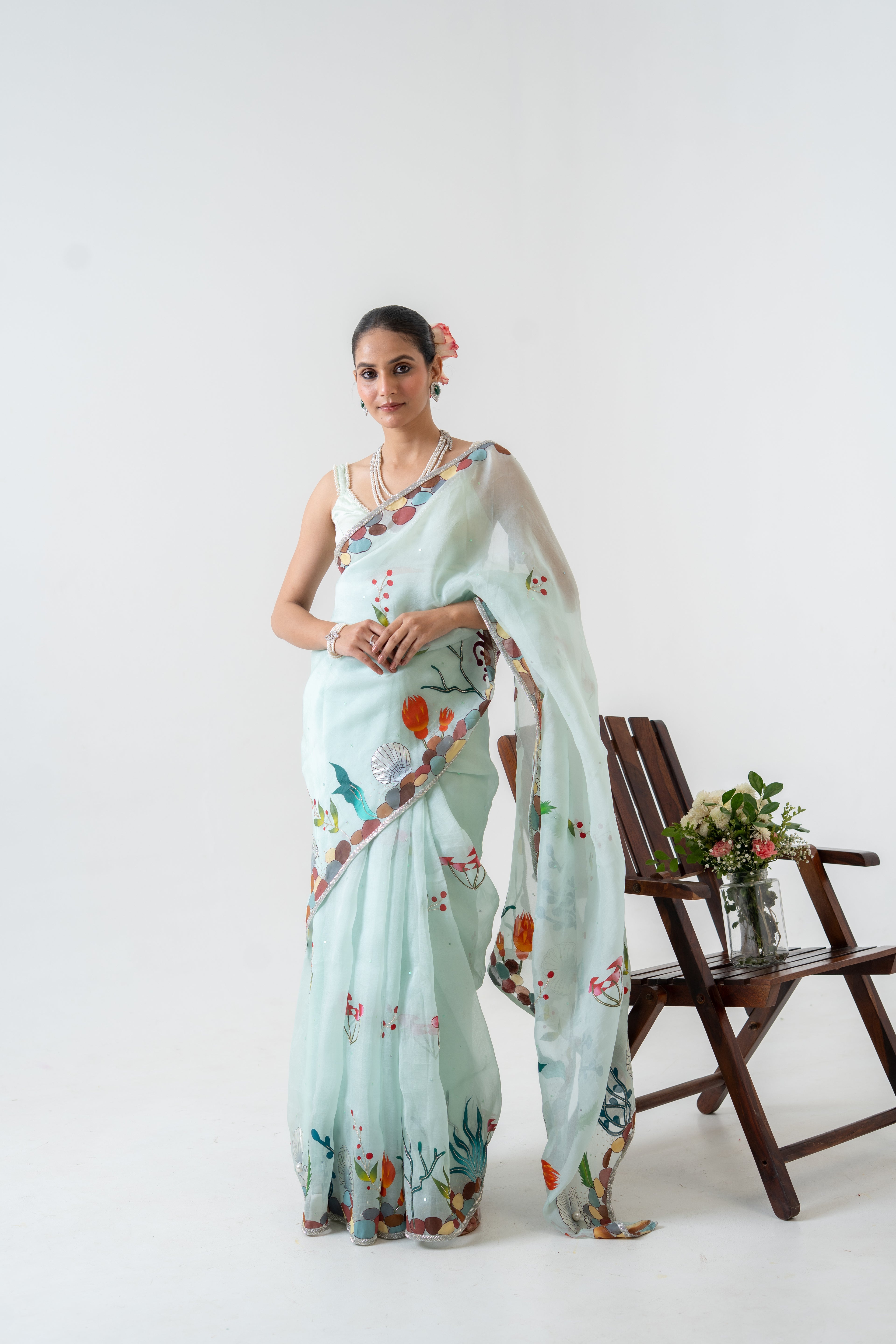 Handpainted and Hand embroidered Sea Green Silk Organza Marine Saree