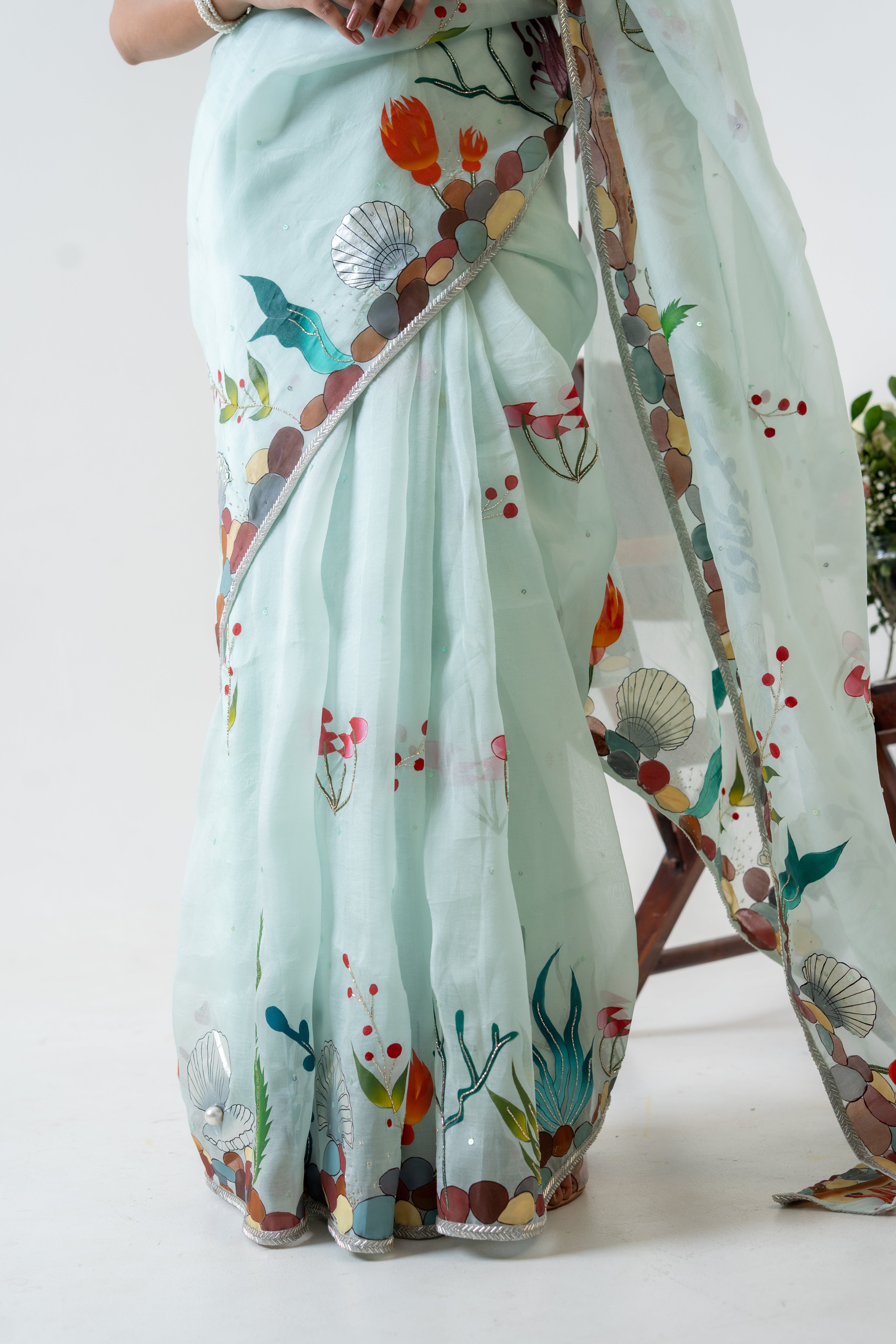 Handpainted and Hand embroidered Sea Green Silk Organza Marine Saree