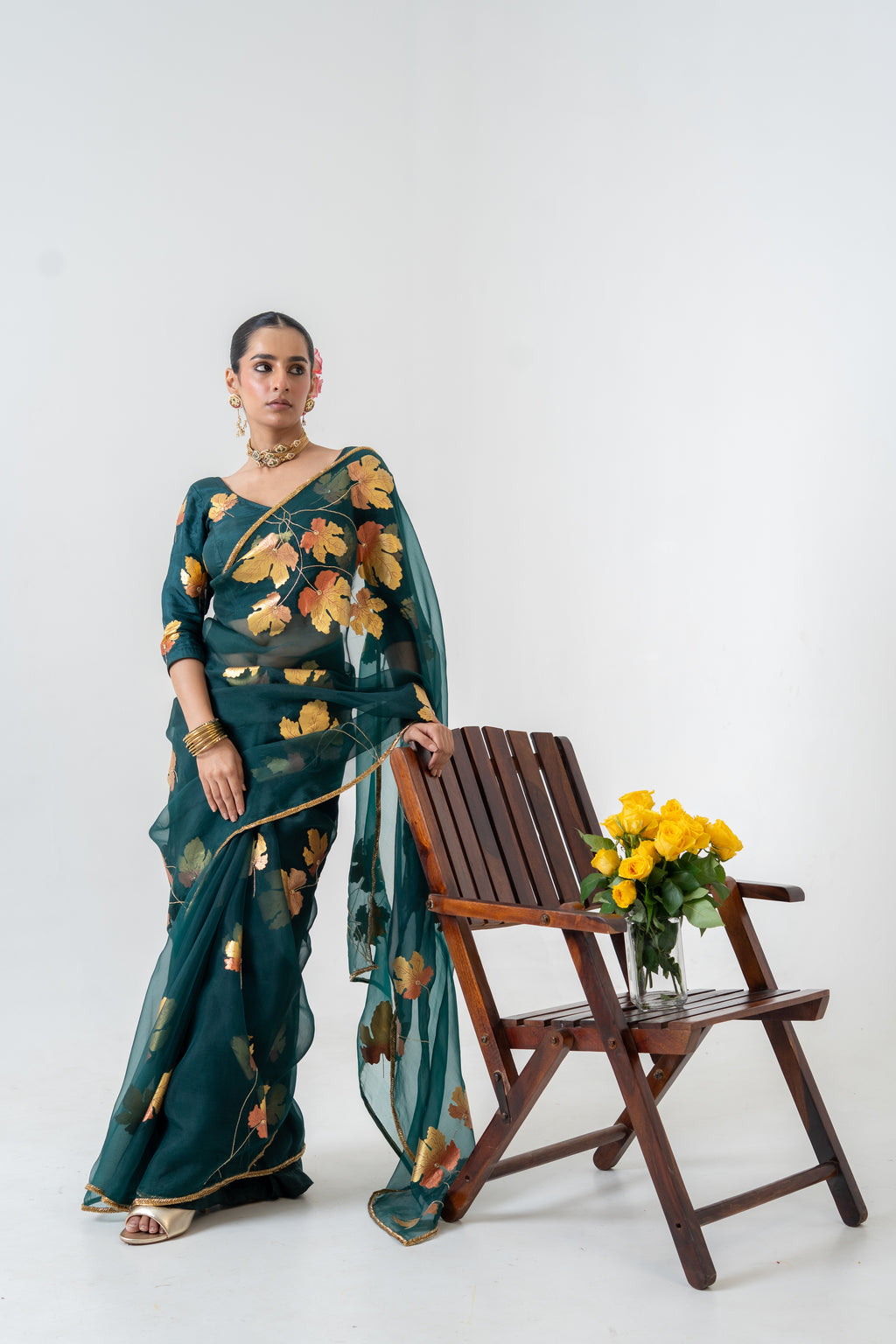 Handpainted and Hand embroidered Bottle Green Pure Silk Organza Golden Maple Saree