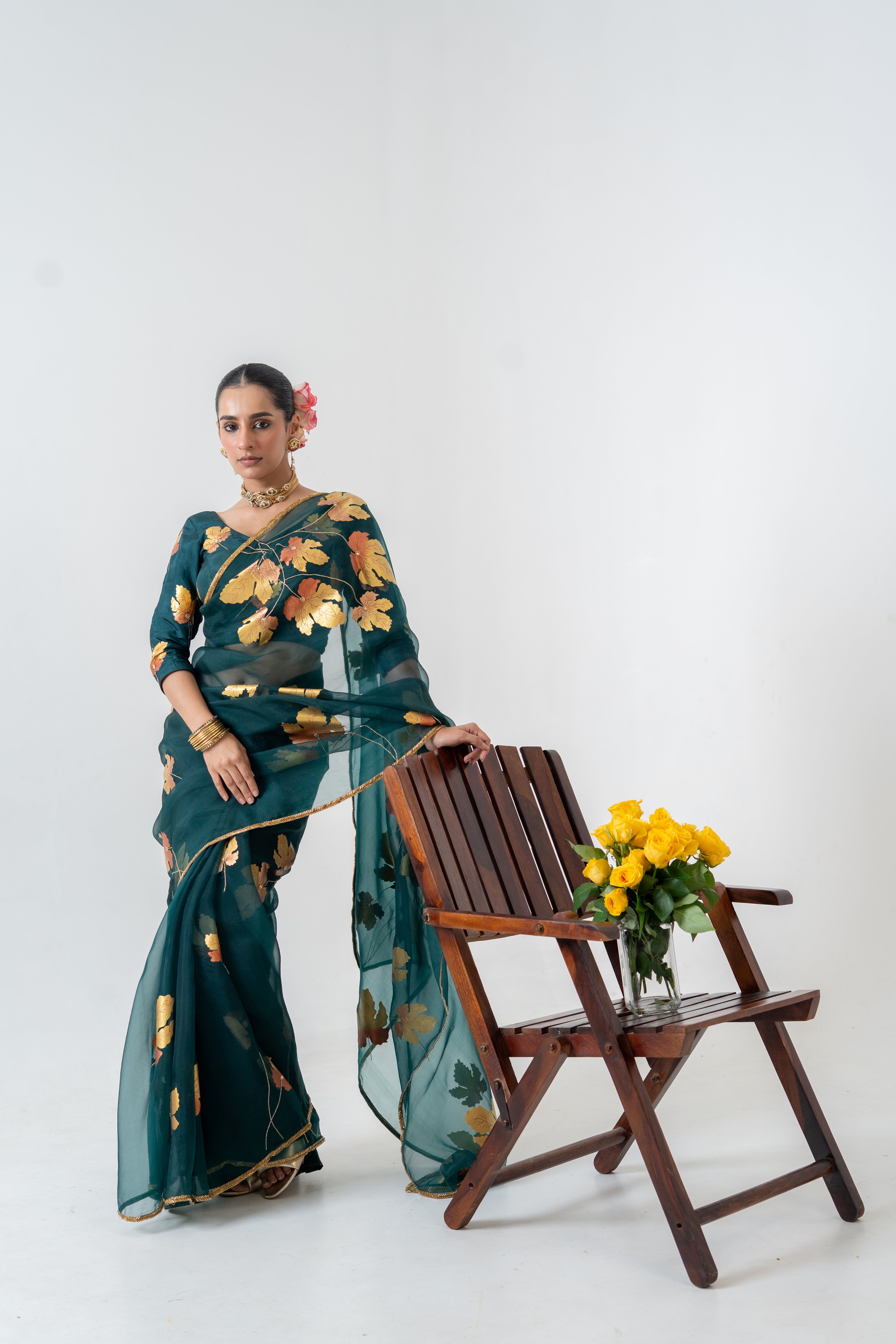 Handpainted and Hand embroidered Bottle Green Pure Silk Organza Golden Maple Saree