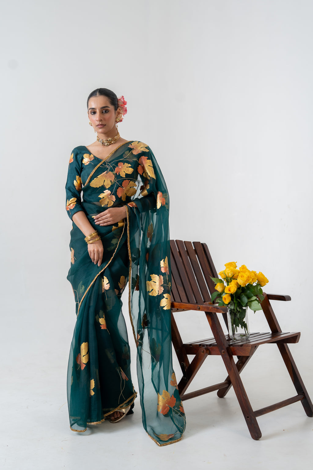 Handpainted and Hand embroidered Bottle Green Pure Silk Organza Golden Maple Saree