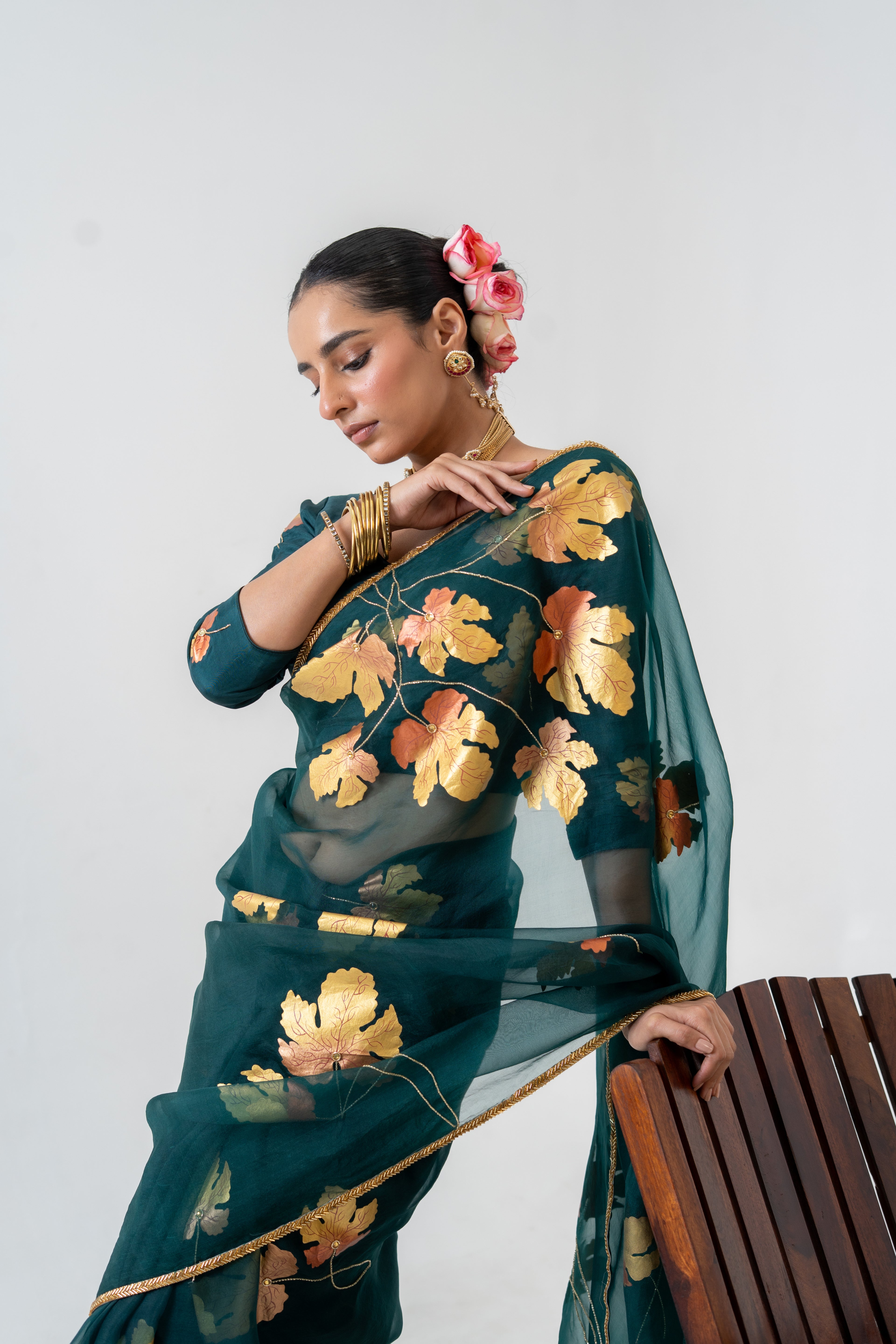 Handpainted and Hand embroidered Bottle Green Pure Silk Organza Golden Maple Saree