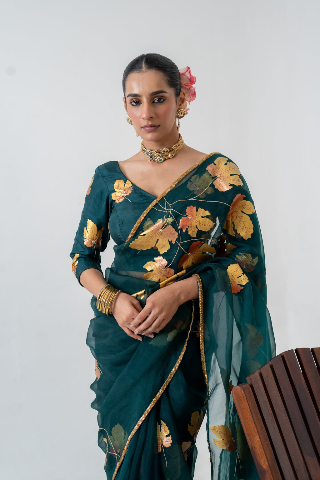 Handpainted and Hand embroidered Bottle Green Pure Silk Organza Golden Maple Saree