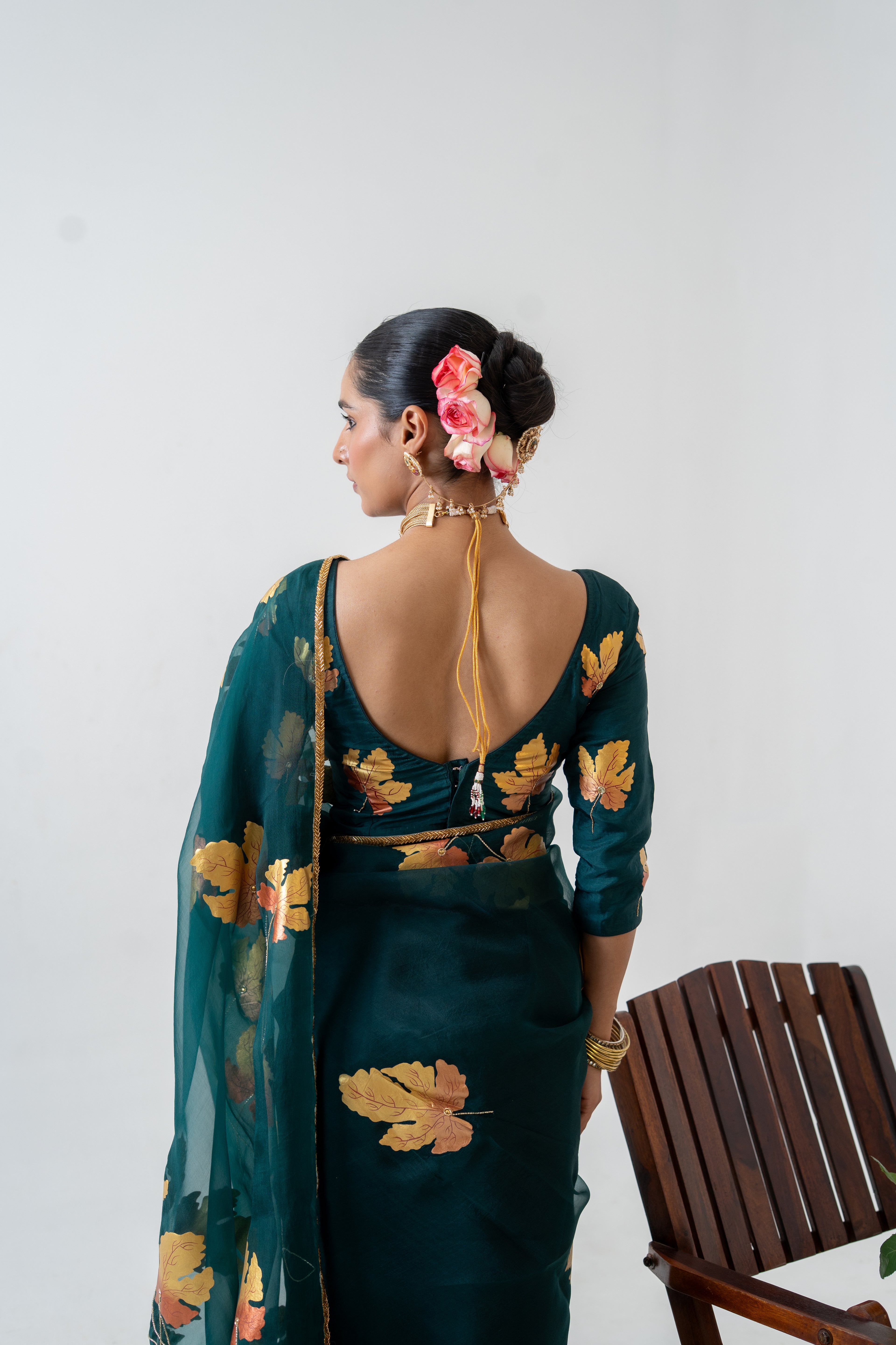 Handpainted and Hand embroidered Bottle Green Pure Silk Organza Golden Maple Saree