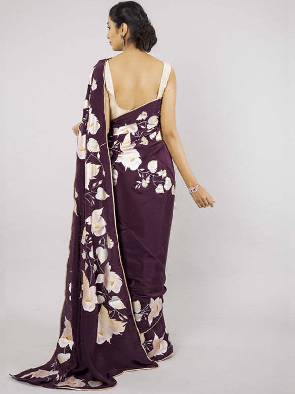 Wine Hand-painted Pure Crepe Saree