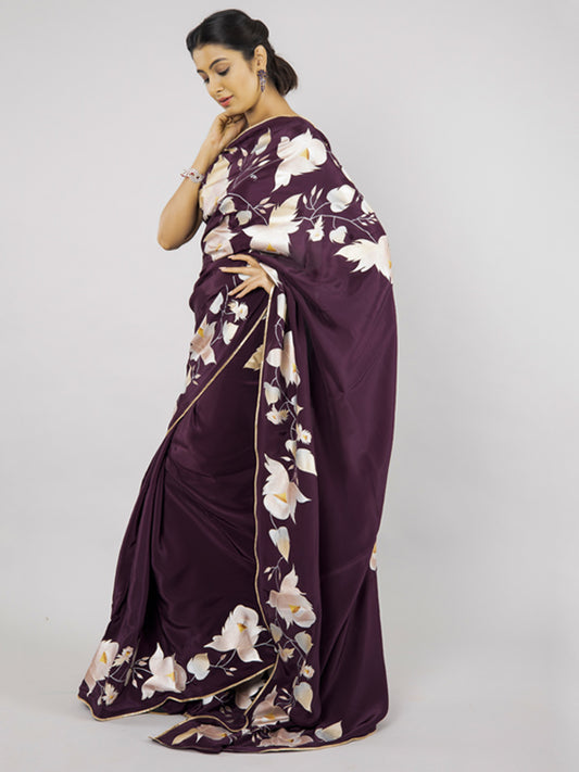 Hand-Painted Wine Crepe Silk Saree