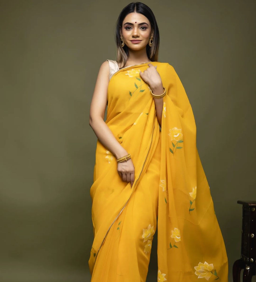 Hand-Painted Yellow White Rose Chiffon Saree