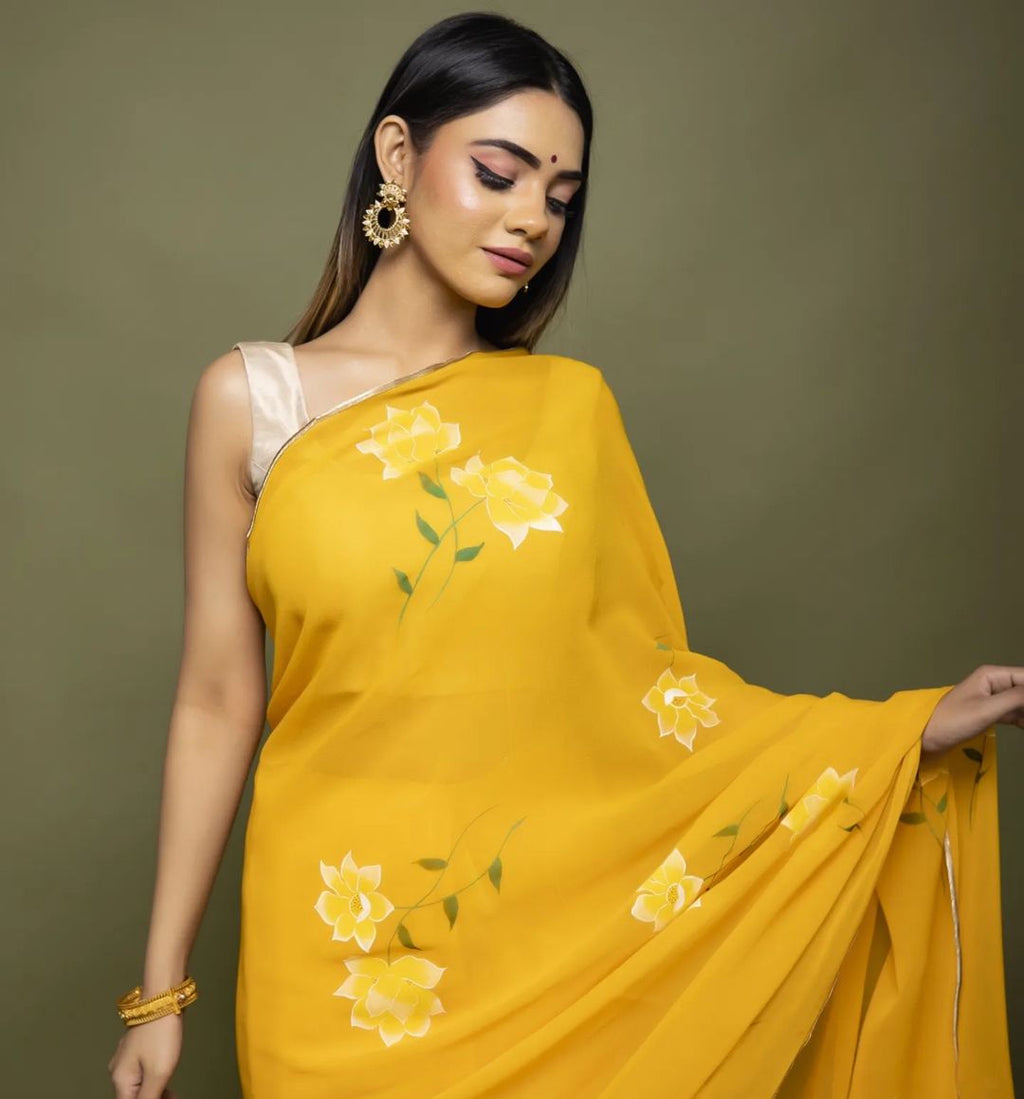 Hand-Painted Yellow White Rose Chiffon Saree