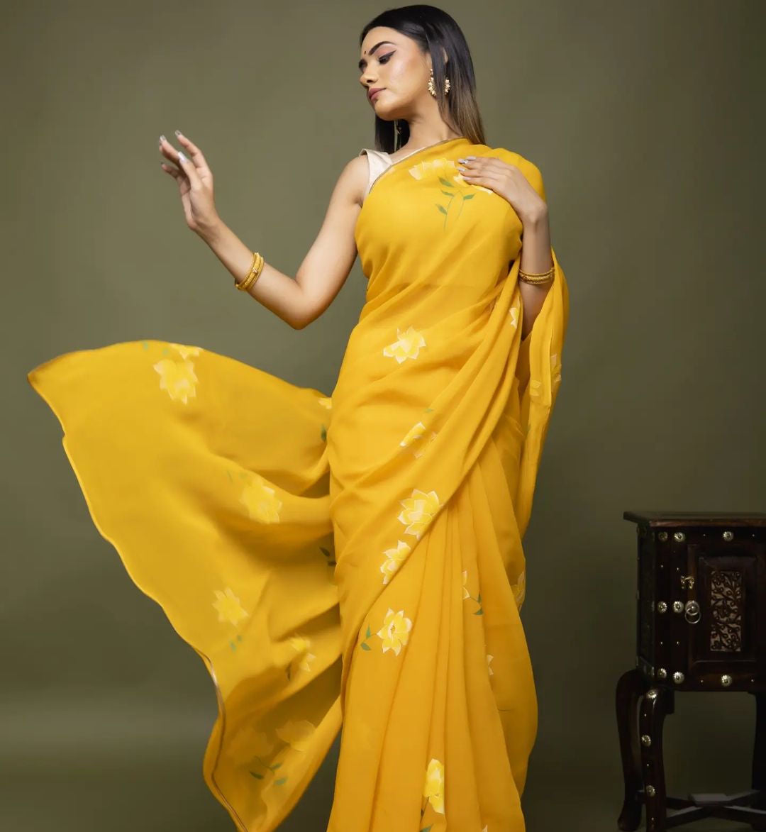 Hand-Painted Yellow White Rose Chiffon Saree