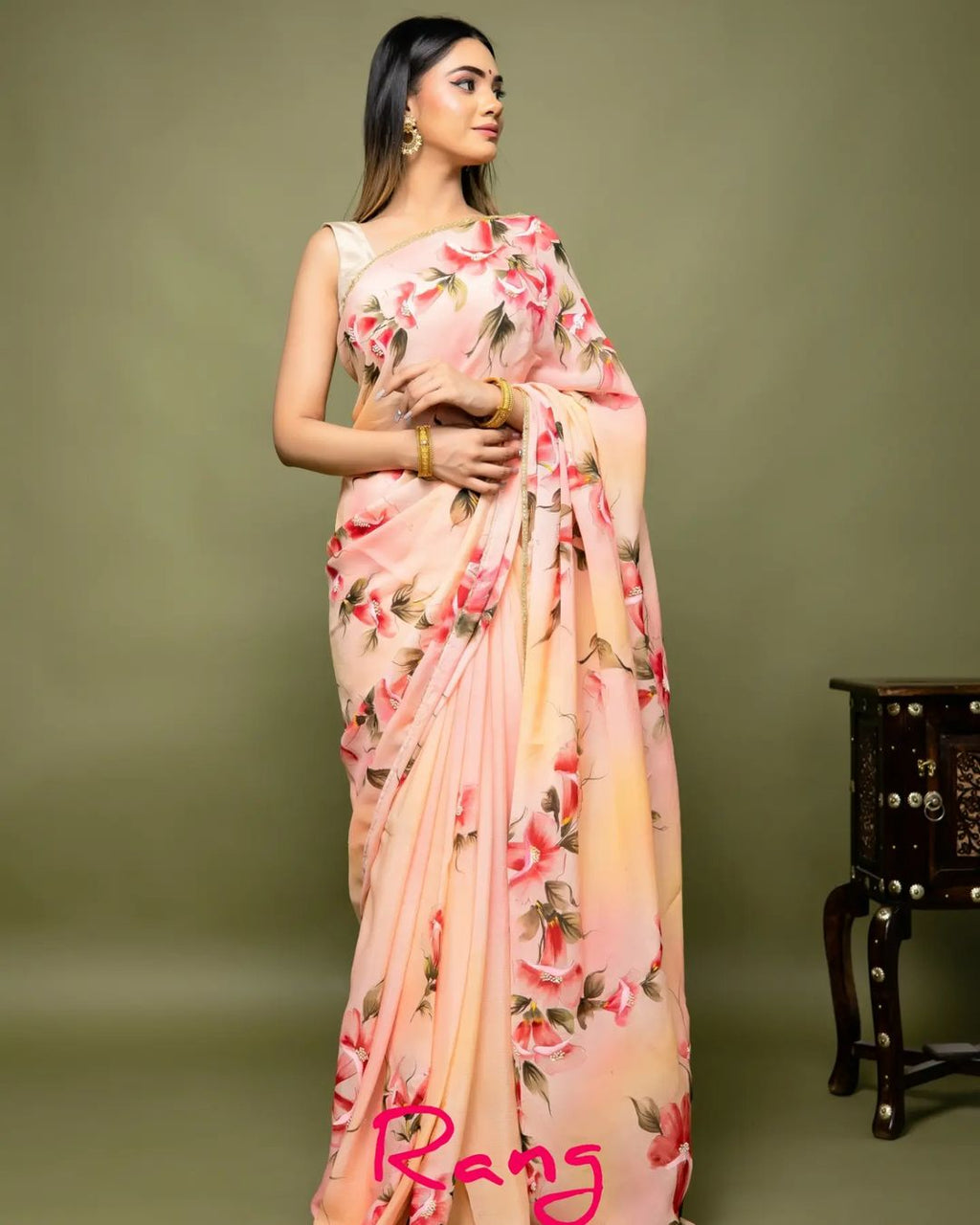 Hand-painted and Hand embroidered Shaded Peach Chinnon Chiffon Floral Saree