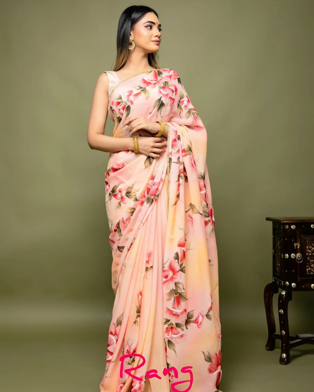 Hand-painted and Hand embroidered Shaded Peach Chinnon Chiffon Floral Saree