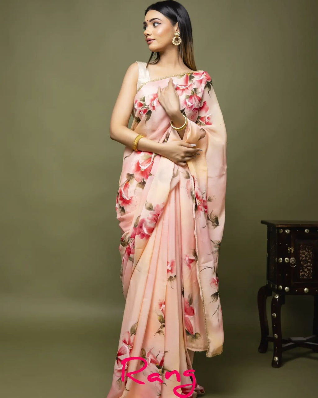 Hand-painted and Hand embroidered Shaded Peach Chinnon Chiffon Floral Saree