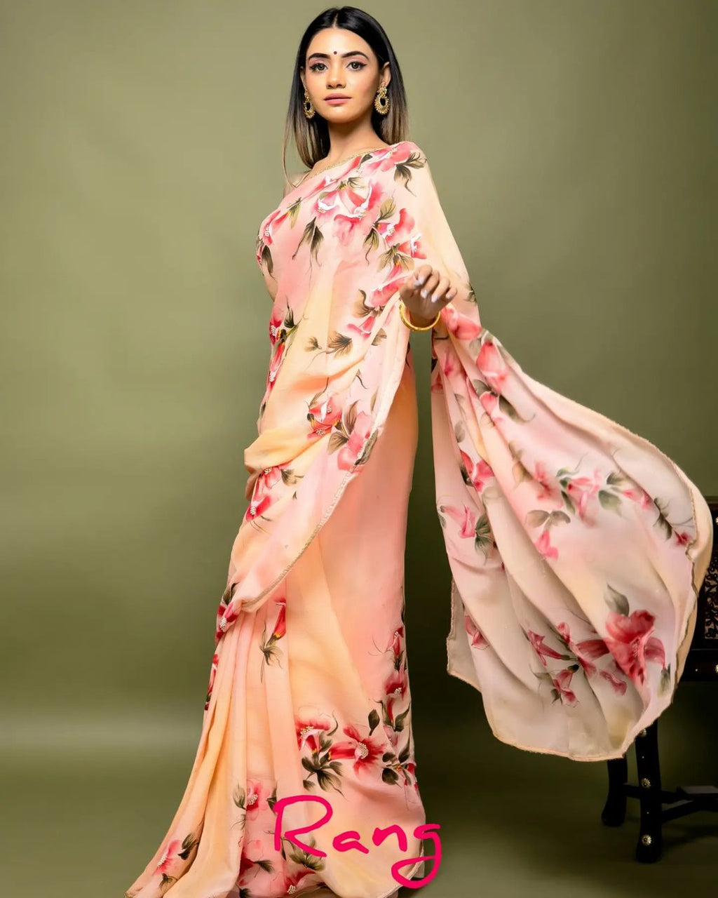 Hand-painted and Hand embroidered Shaded Peach Chinnon Chiffon Floral Saree
