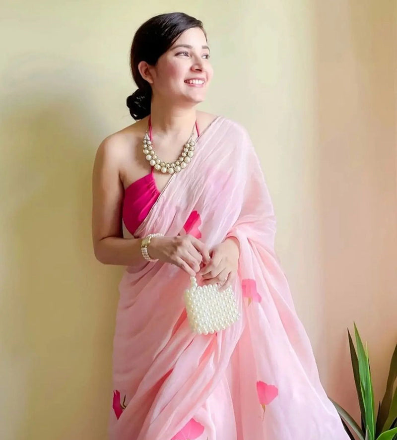 Powder Pink Hand-painted Chinnon Chiffon Saree