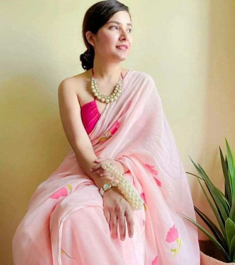 Powder Pink Hand-painted Chinnon Chiffon Saree