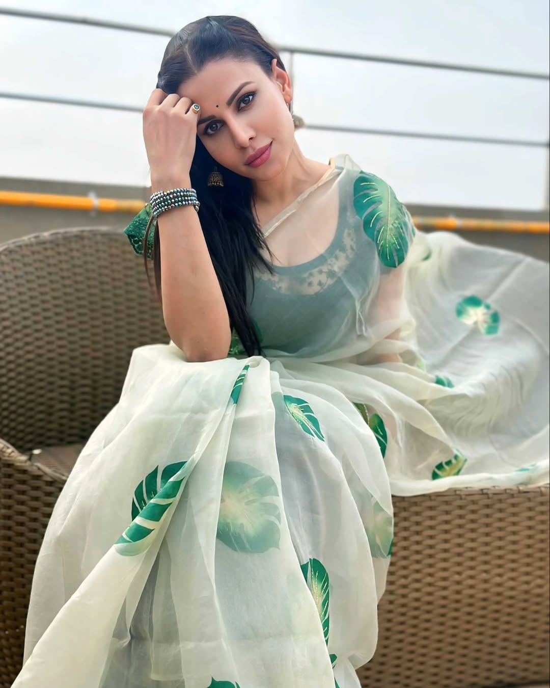 Hand-Painted Pista Green Monstera Leaves Silk Organza Saree