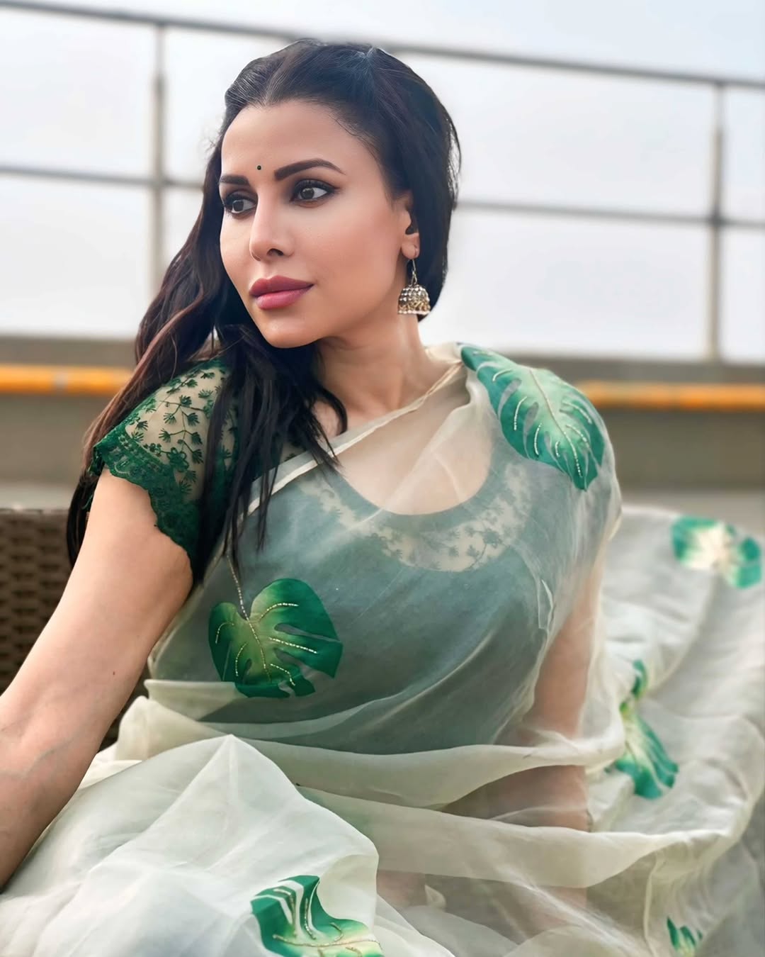 Hand-Painted Pista Green Monstera Leaves Silk Organza Saree