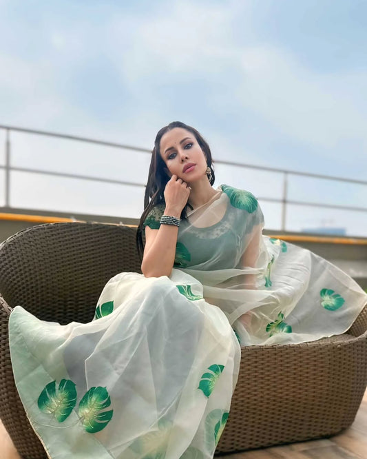 Hand Painted Pastel Pista Monstera Leaves Silk Organza Saree