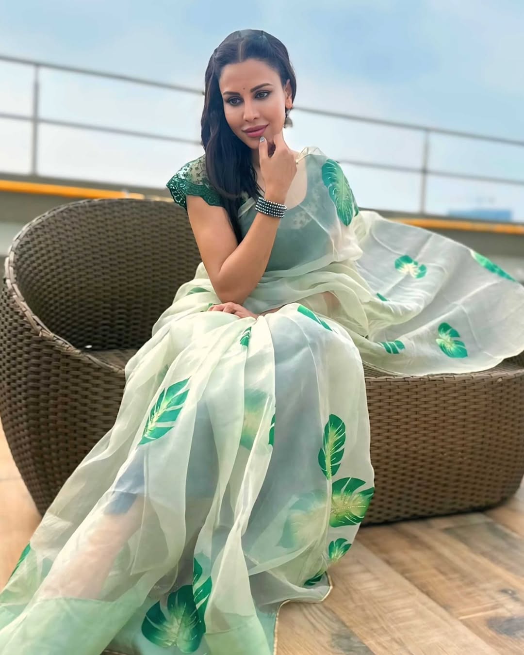 Hand-Painted Pista Green Monstera Leaves Silk Organza Saree