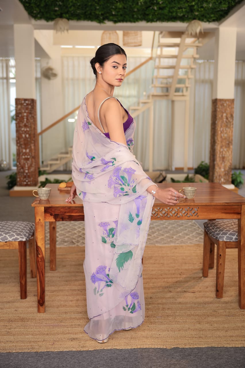 Handpainted Lilac Bell-Flower Chiffon Saree
