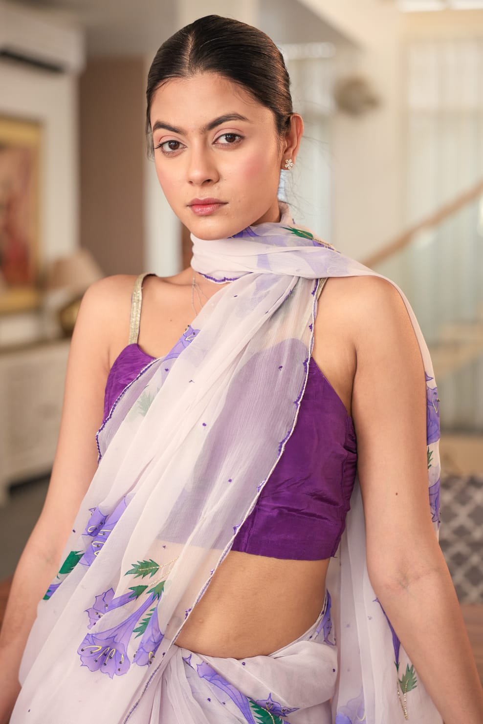 Handpainted Lilac Bell-Flower Chiffon Saree