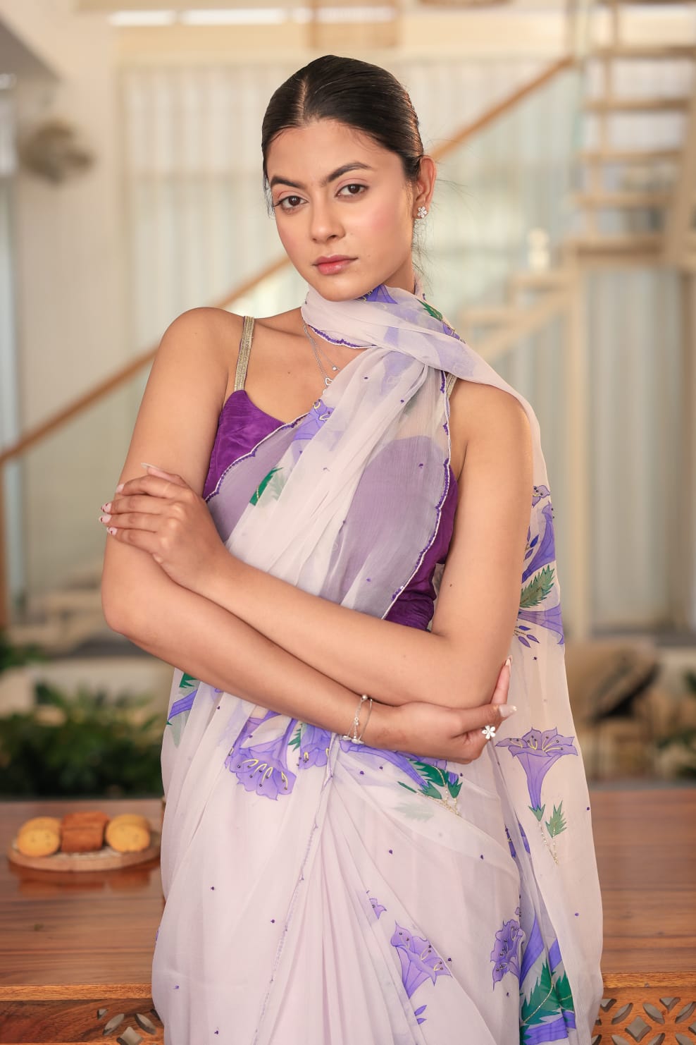 Handpainted Lilac Bell-Flower Chiffon Saree