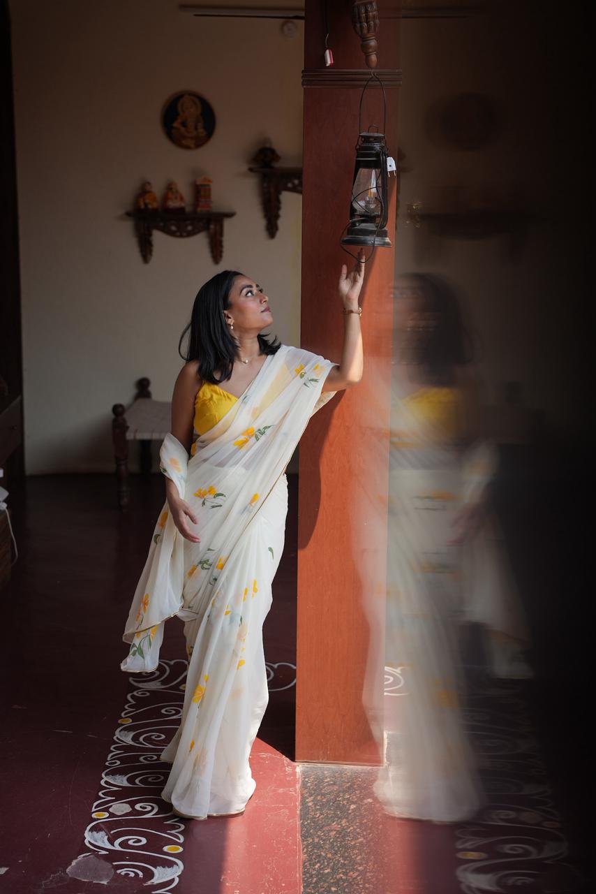 Handpainted and Hand embroidered Ivory Chiffon Poppy Saree