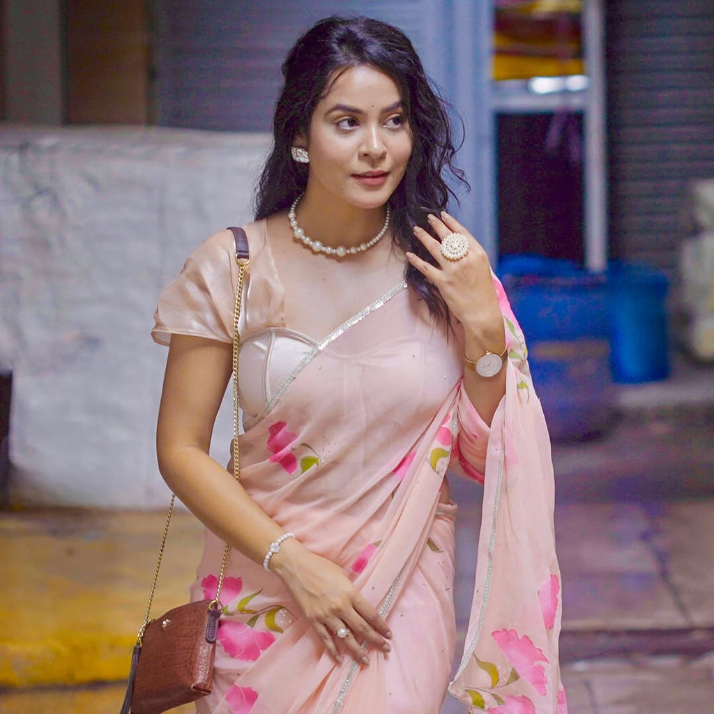 Hand-Painted peach Chiffon Floral  Saree