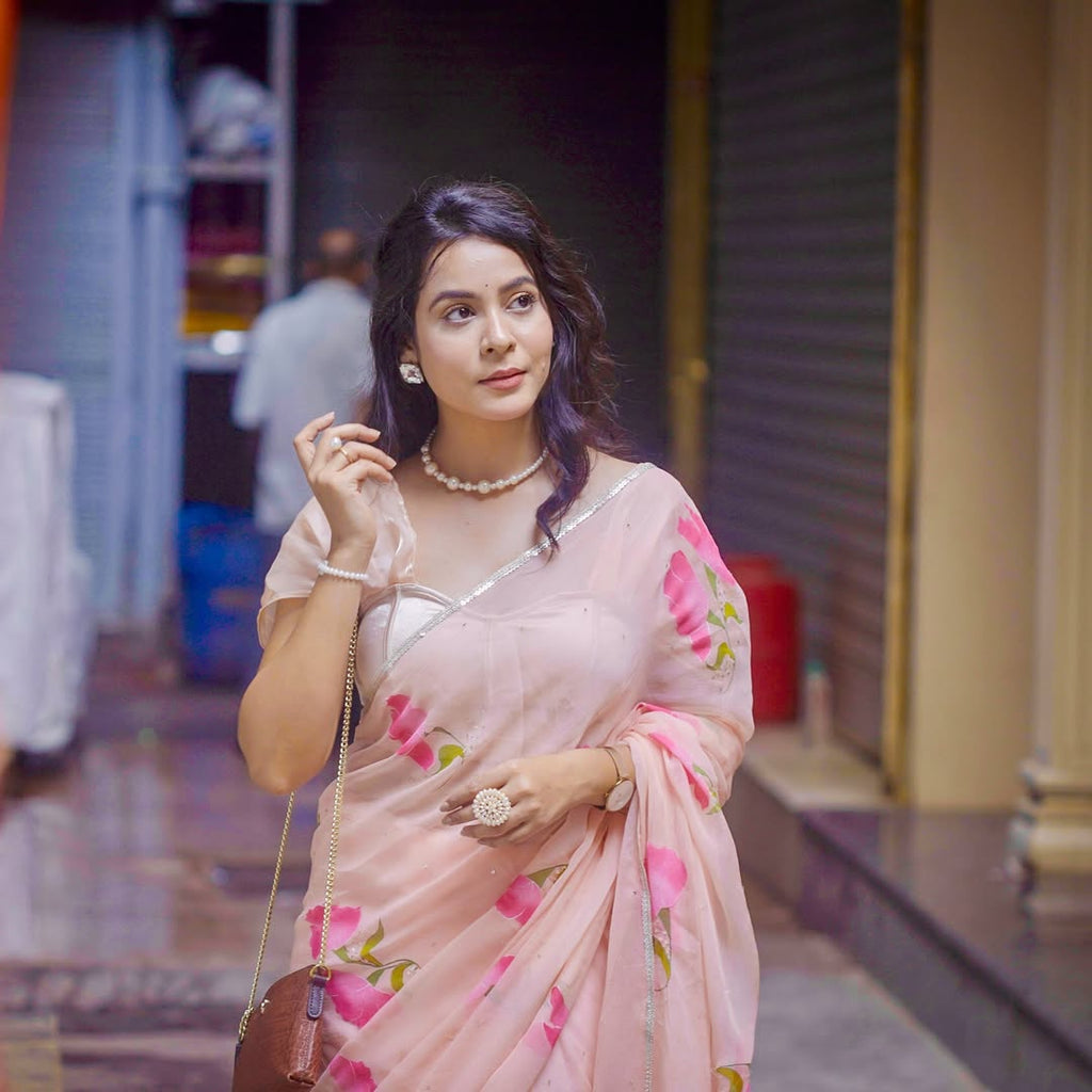 Hand-Painted peach Chiffon Floral  Saree
