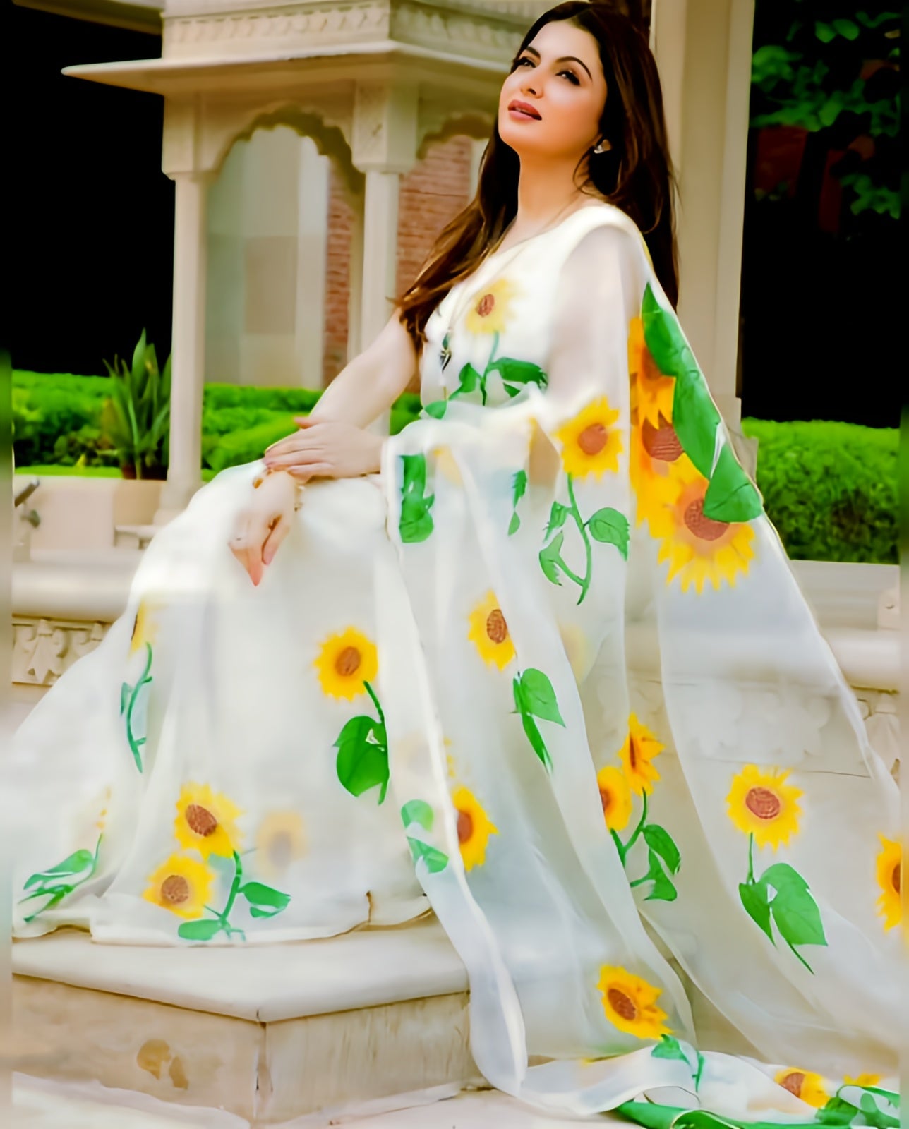 Hand-Painted Ivory Sunflower Silk Organza Saree