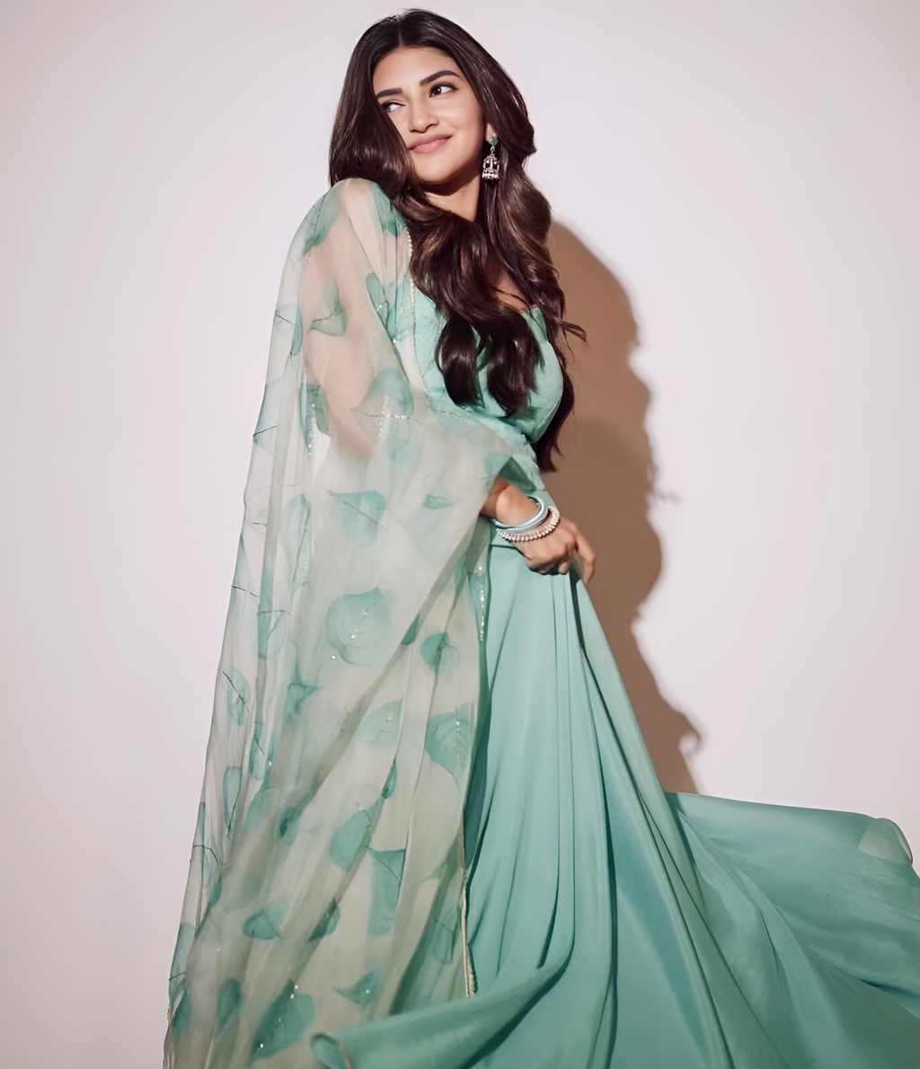 Sree Leela's Hand-Painted Pastel Green Crepe Anarkali (Stitched)