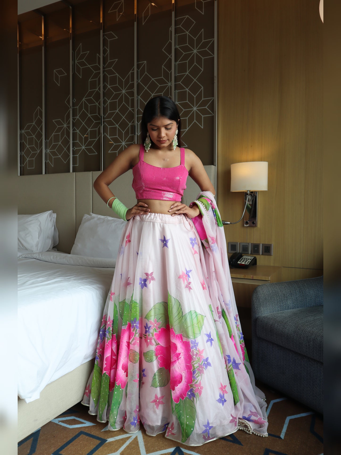 Hand painted Pastel Pink Silk Organza Lehenga