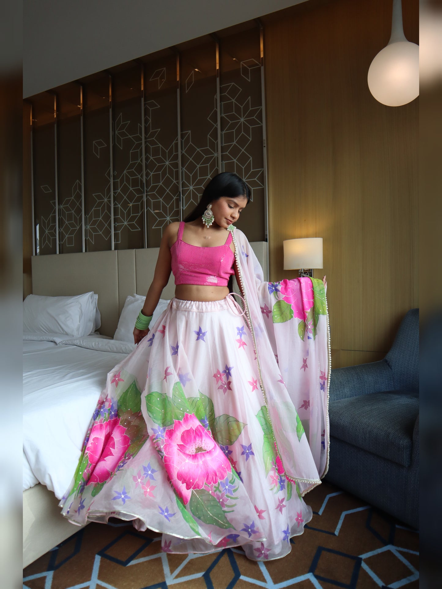 Hand painted Pastel Pink Silk Organza Lehenga