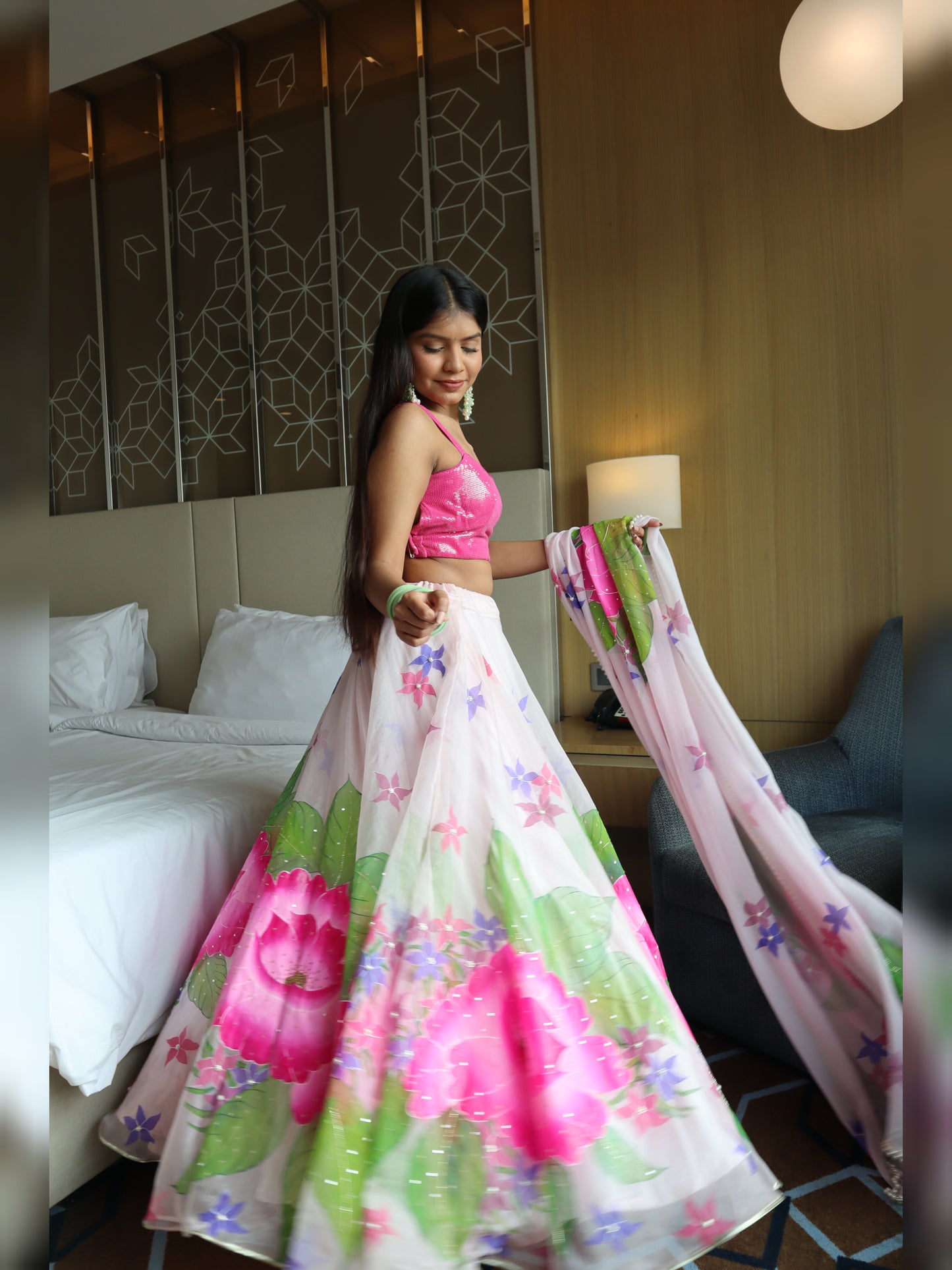 Hand painted Pastel Pink Silk Organza Lehenga